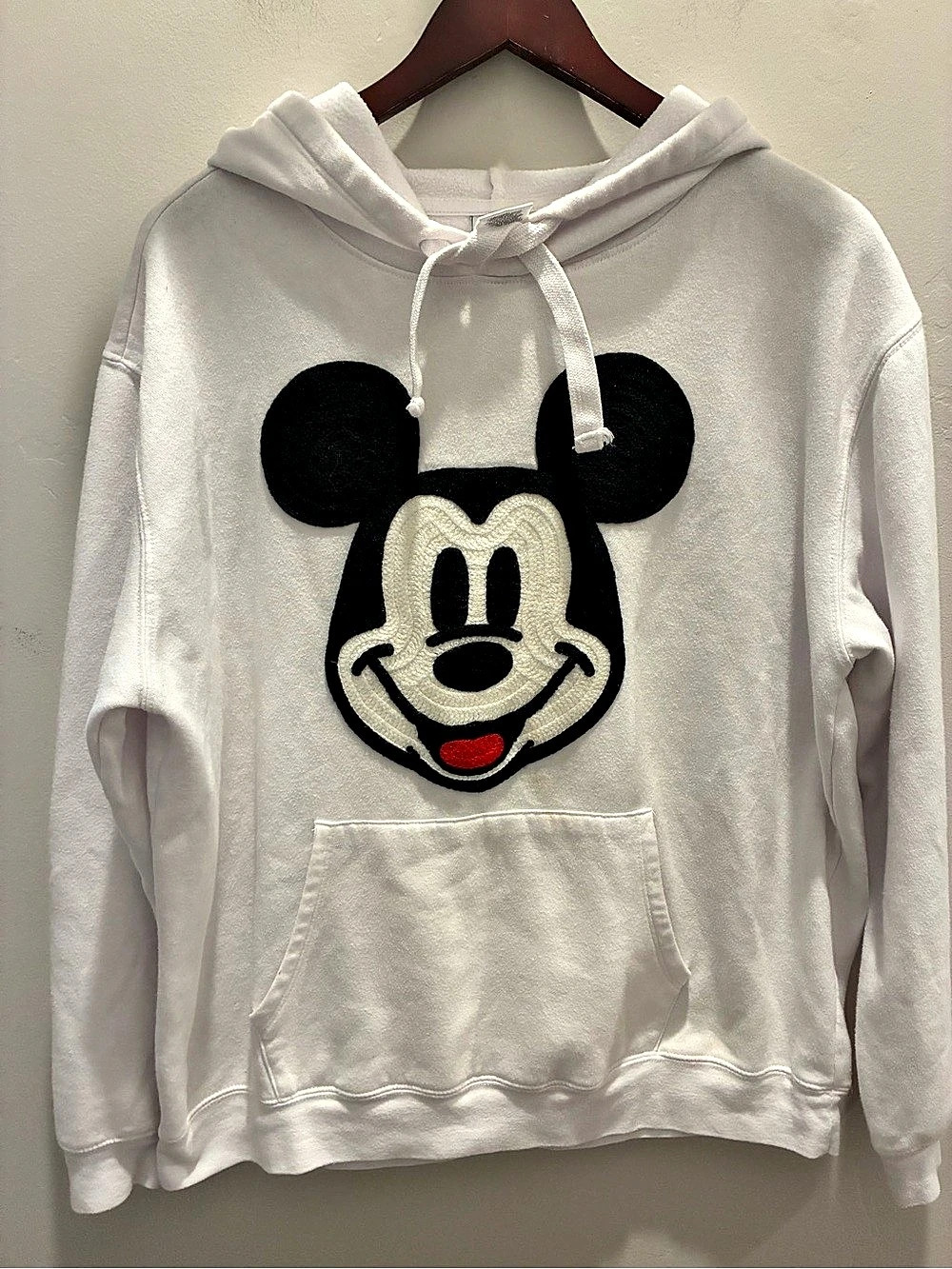 Disney Mickey Mouse Chenille Patch Fleece Pullover Hoodie White & Black Large